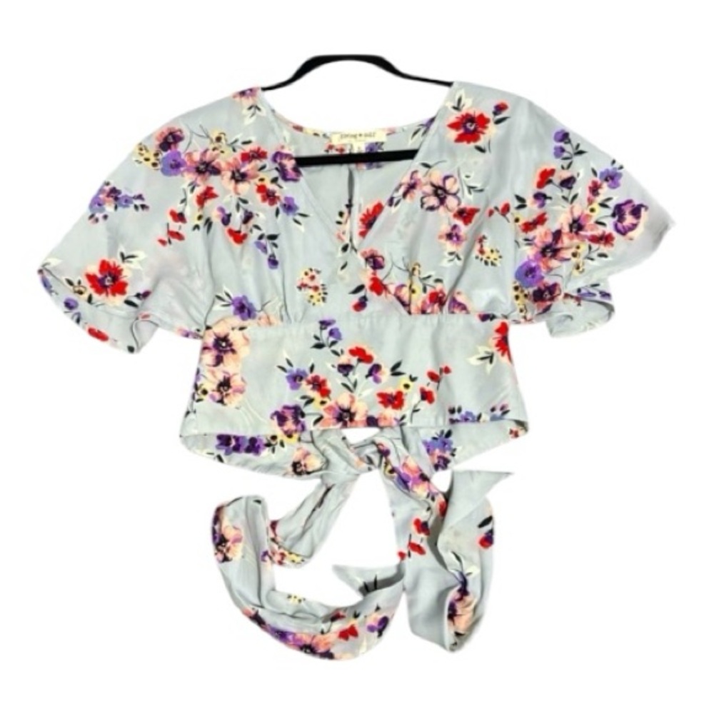 NanaMacs Living doll front tie cropped top. (Light blue multi) SMALL NEW